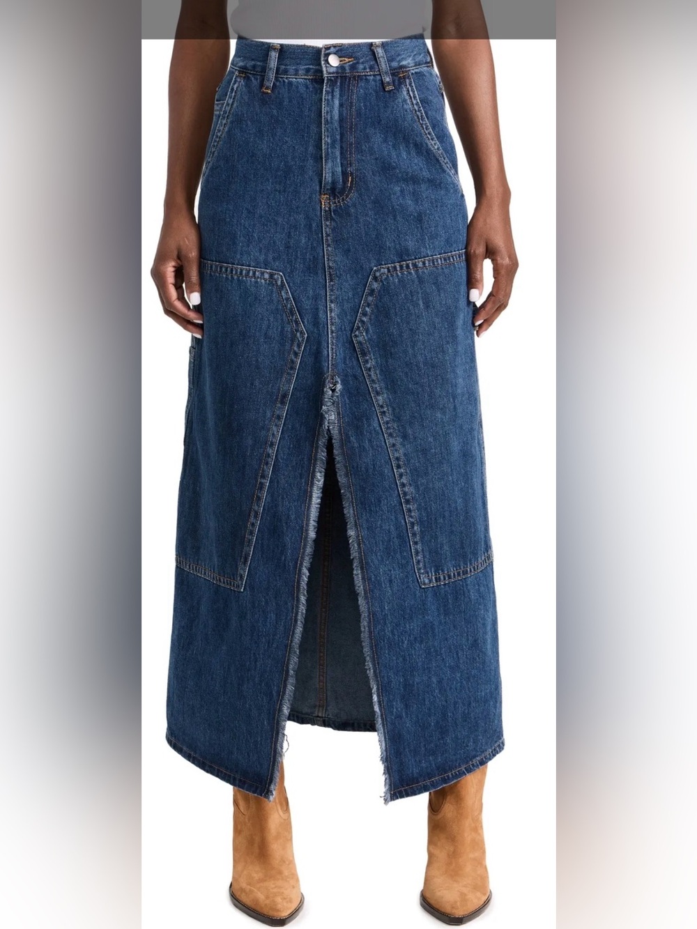 Moon River Dark Blue Denim Maxi Skirt with Front Slit